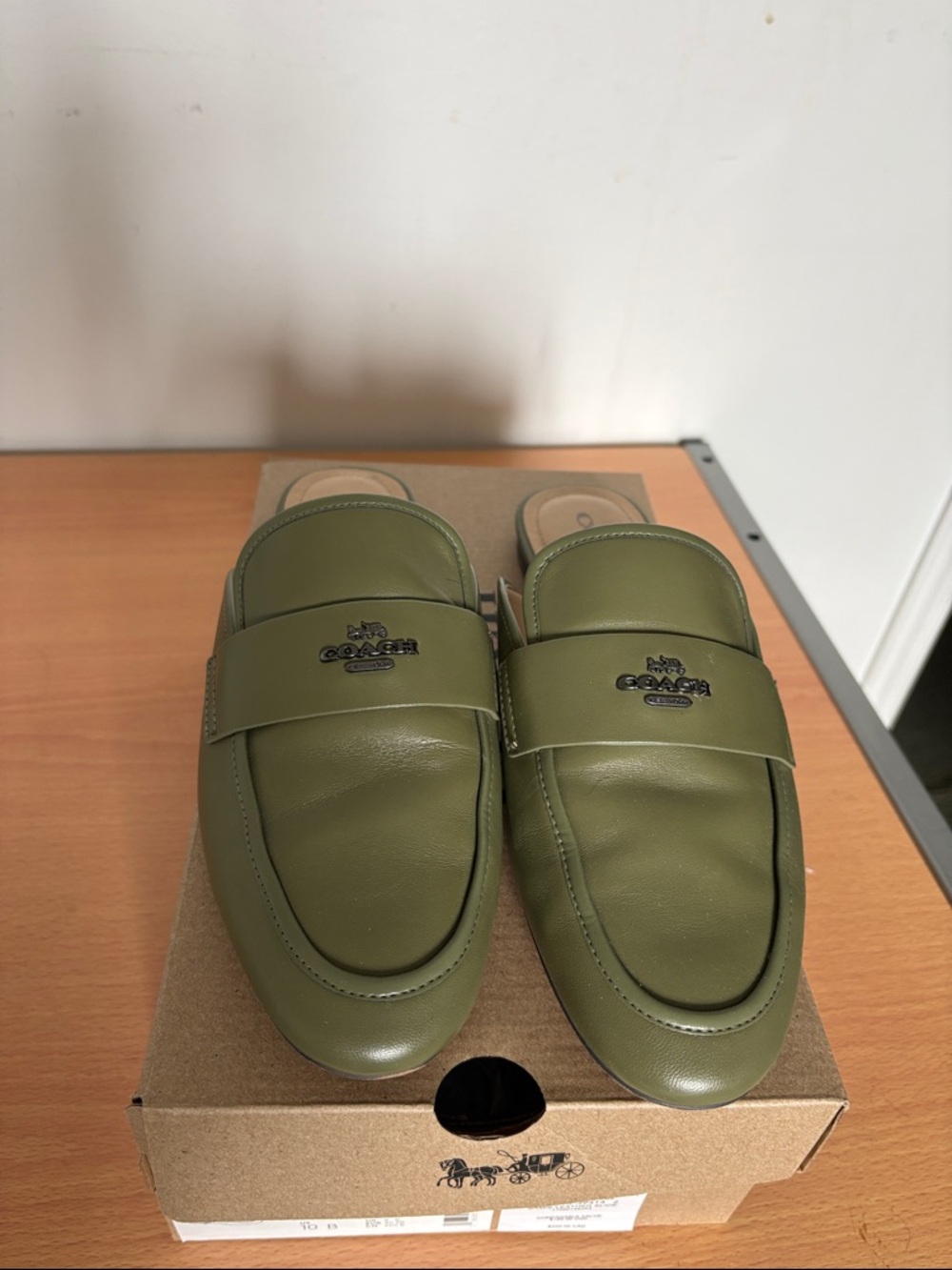 Coach Olive Green Leather Slide Loafers with Logo Hardware